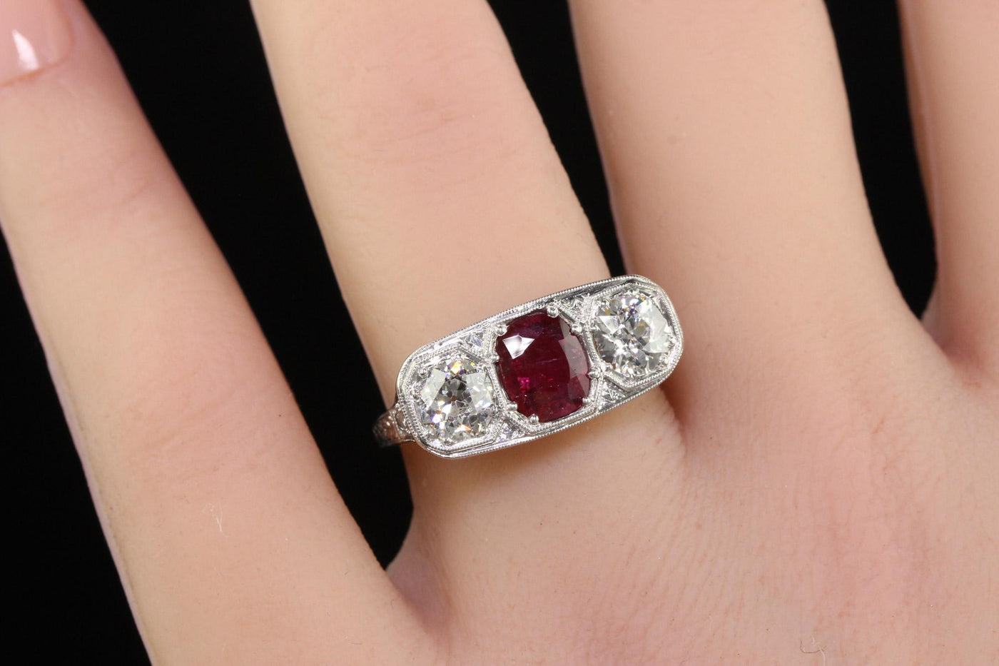 Antique Edwardian Platinum Old Euro Diamond and No Heat Ruby Three Stone Ring