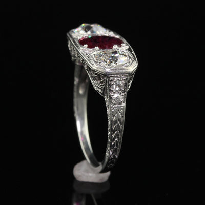 Antique Edwardian Platinum Old Euro Diamond and No Heat Ruby Three Stone Ring