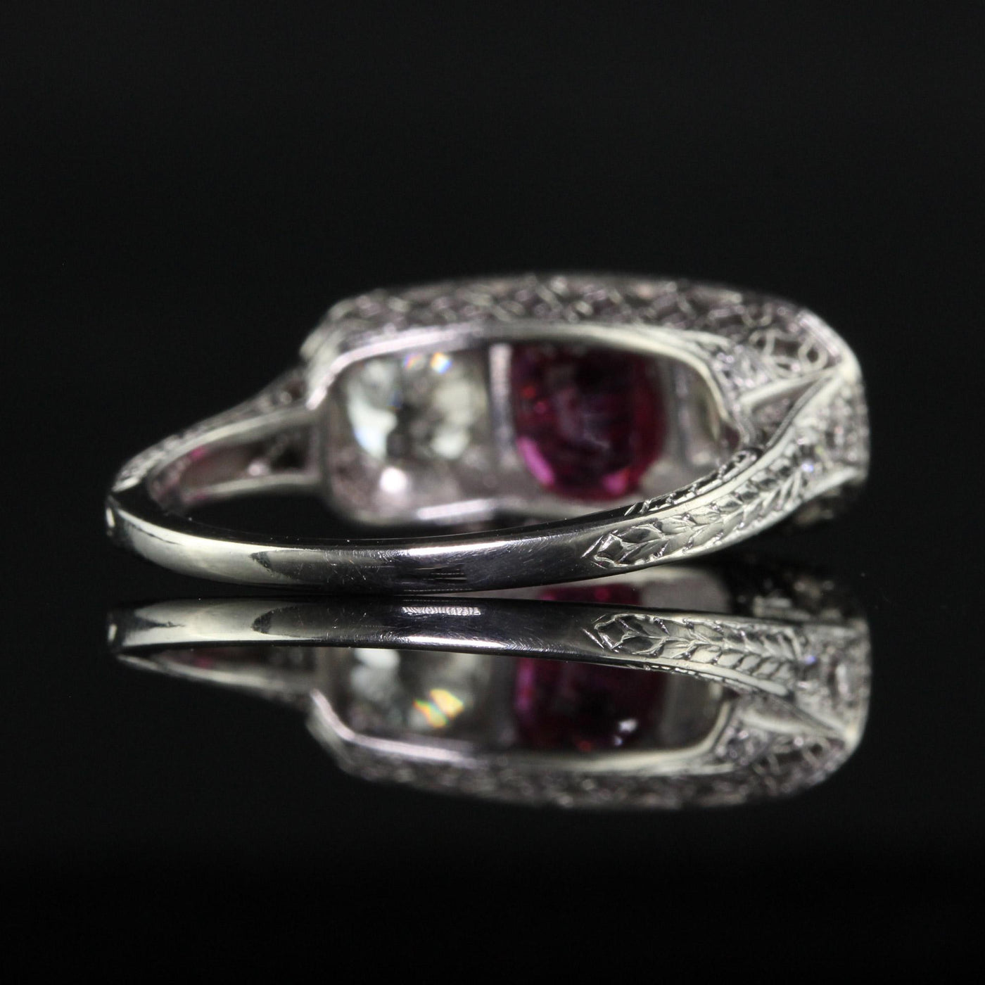 Antique Edwardian Platinum Old Euro Diamond and No Heat Ruby Three Stone Ring