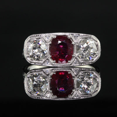 Antique Edwardian Platinum Old Euro Diamond and No Heat Ruby Three Stone Ring