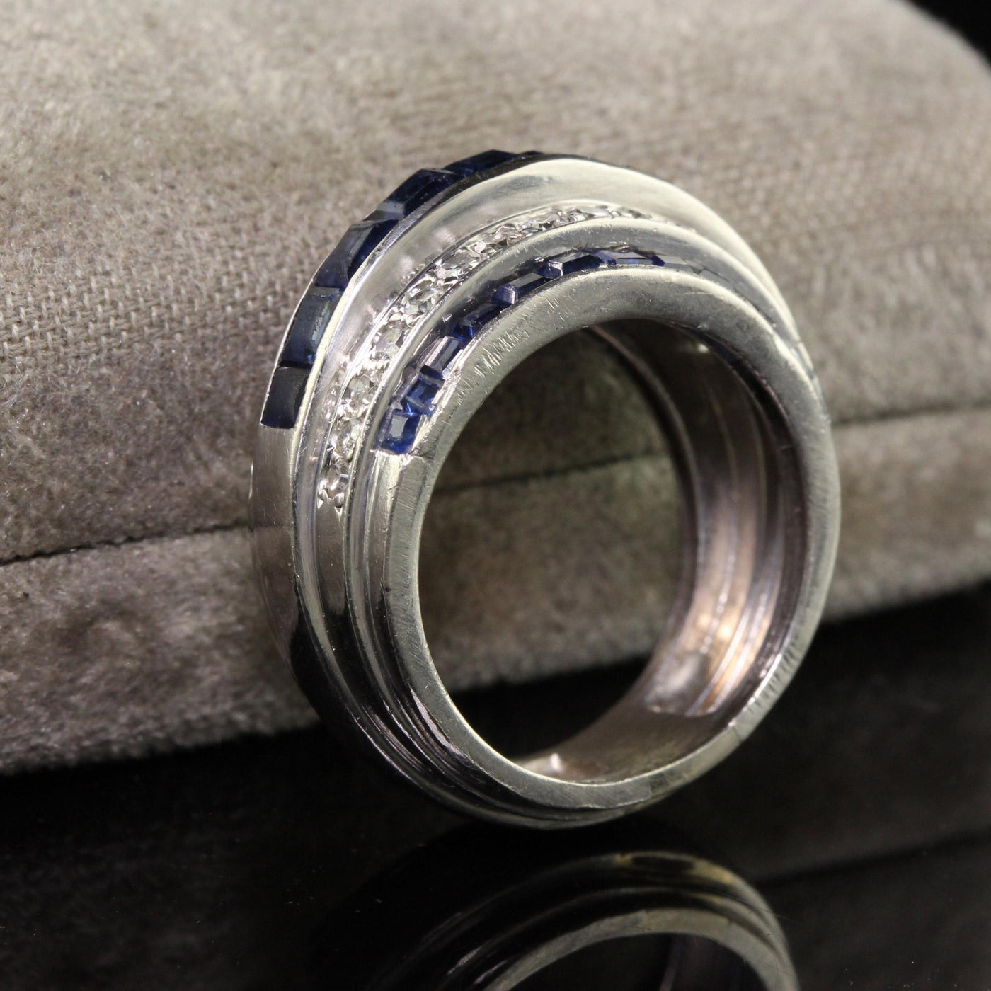 Vintage Retro Platinum Old Cut Diamond and Sapphire Cocktail Ring