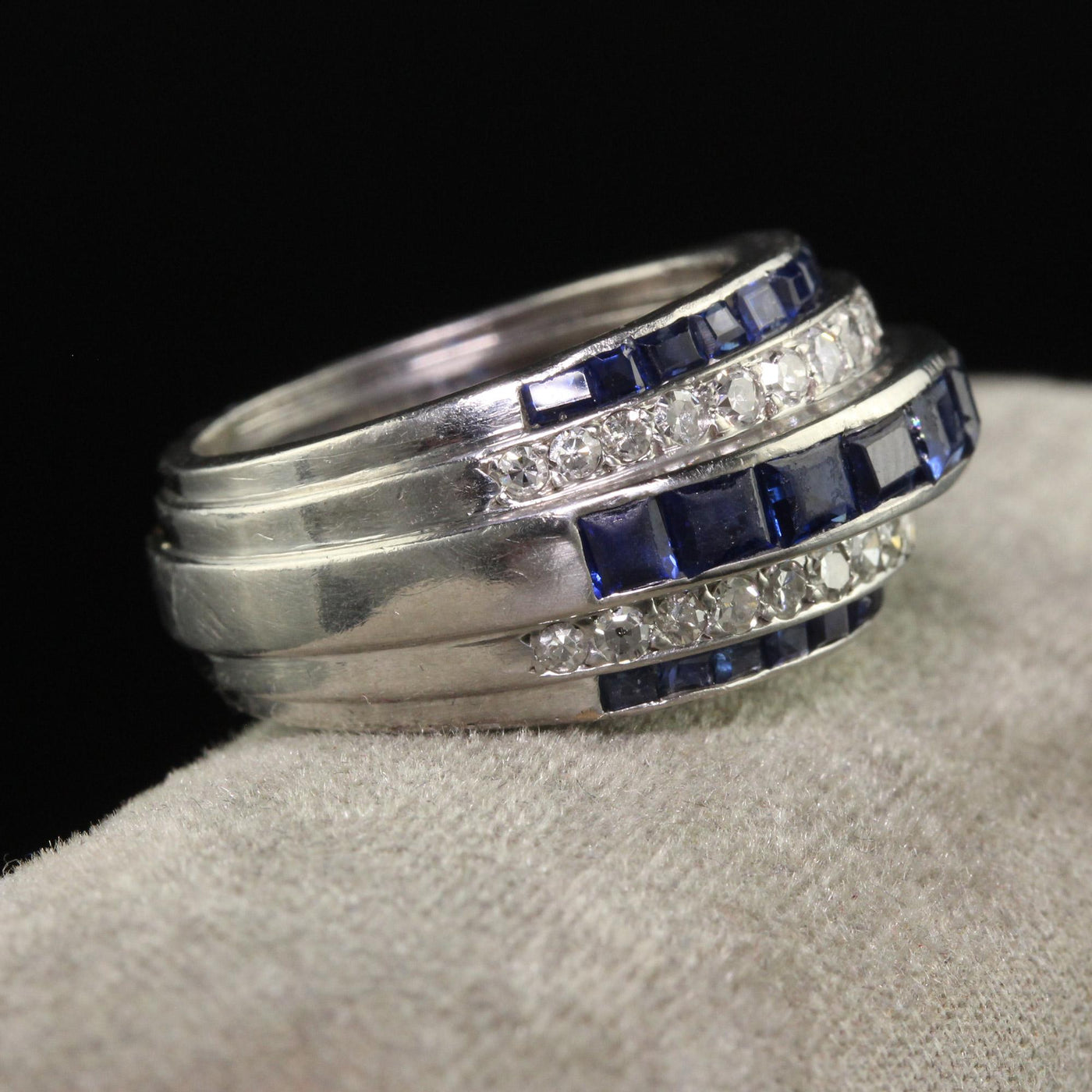 Vintage Retro Platinum Old Cut Diamond and Sapphire Cocktail Ring