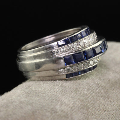 Vintage Retro Platinum Old Cut Diamond and Sapphire Cocktail Ring