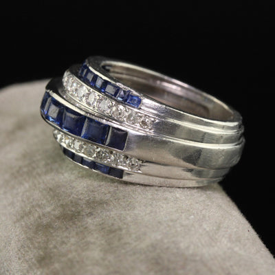 Vintage Retro Platinum Old Cut Diamond and Sapphire Cocktail Ring