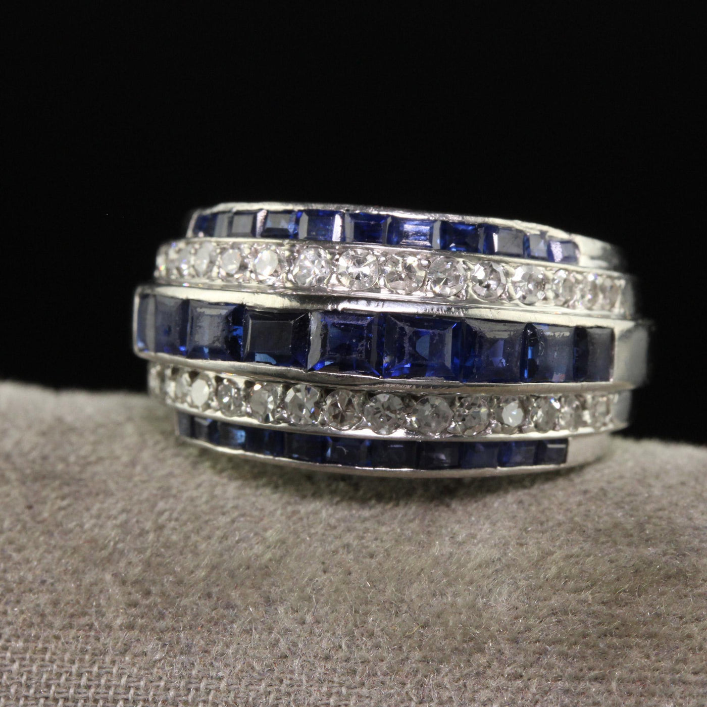 Vintage Retro Platinum Old Cut Diamond and Sapphire Cocktail Ring