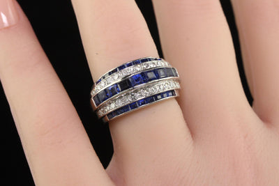 Vintage Retro Platinum Old Cut Diamond and Sapphire Cocktail Ring