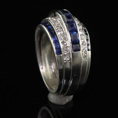 Vintage Retro Platinum Old Cut Diamond and Sapphire Cocktail Ring