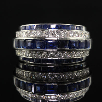 Vintage Retro Platinum Old Cut Diamond and Sapphire Cocktail Ring