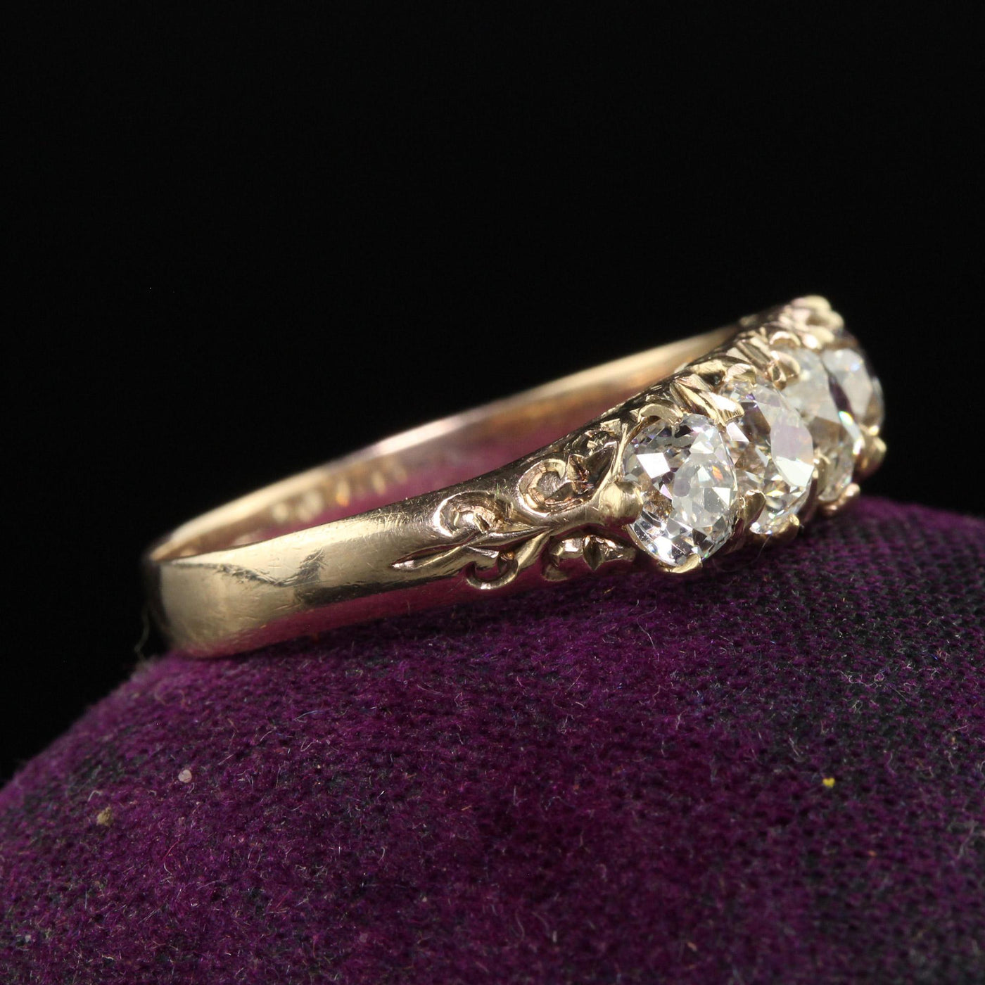 Antique Victorian 10K Yellow Gold Old Mine Diamond Five Stone Band - Size 9 1/4