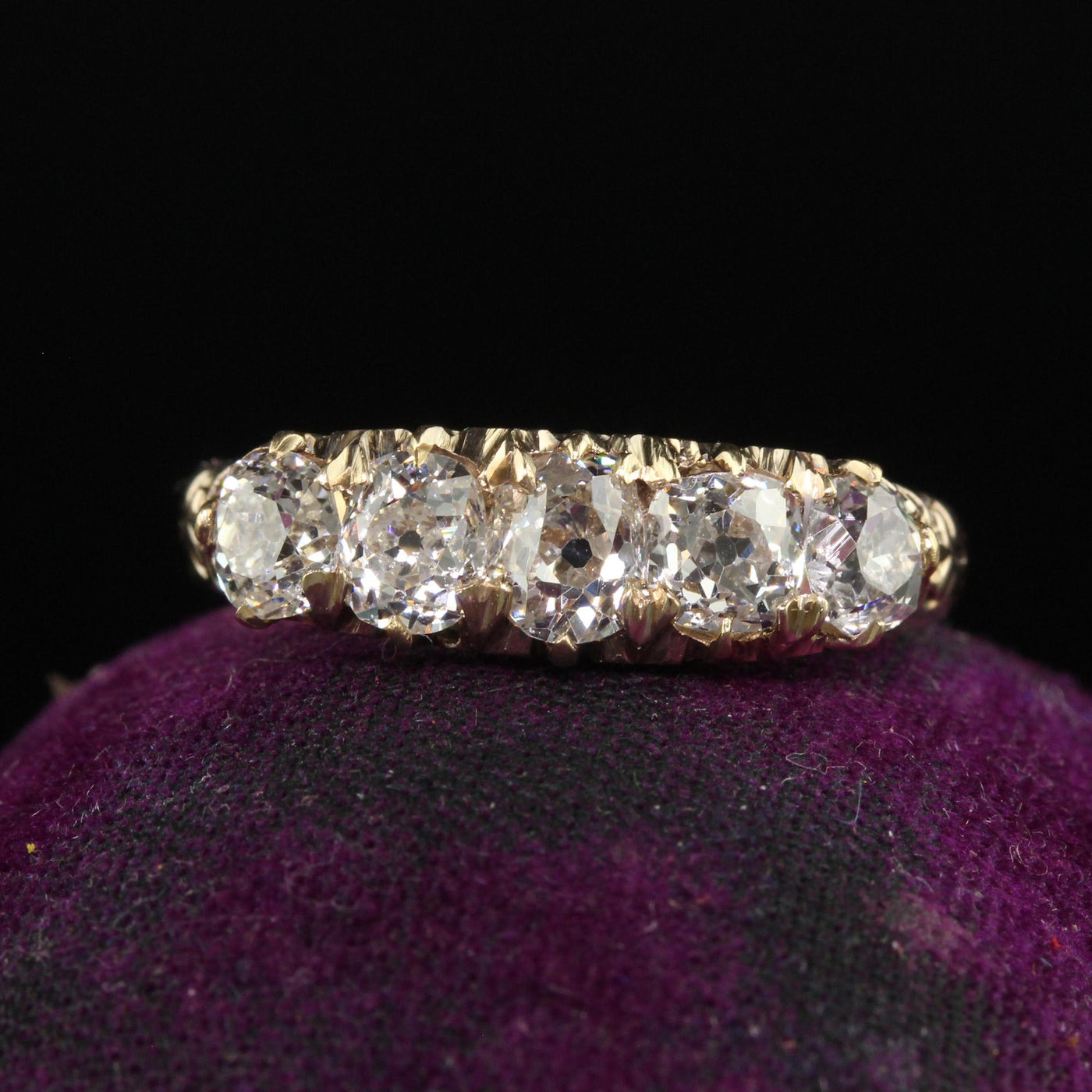 Antique Victorian 10K Yellow Gold Old Mine Diamond Five Stone Band - Size 9 1/4