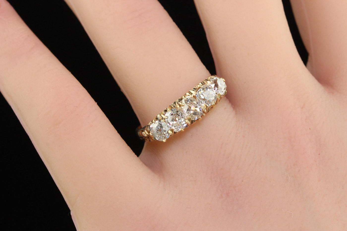 Antique Victorian 10K Yellow Gold Old Mine Diamond Five Stone Band - Size 9 1/4