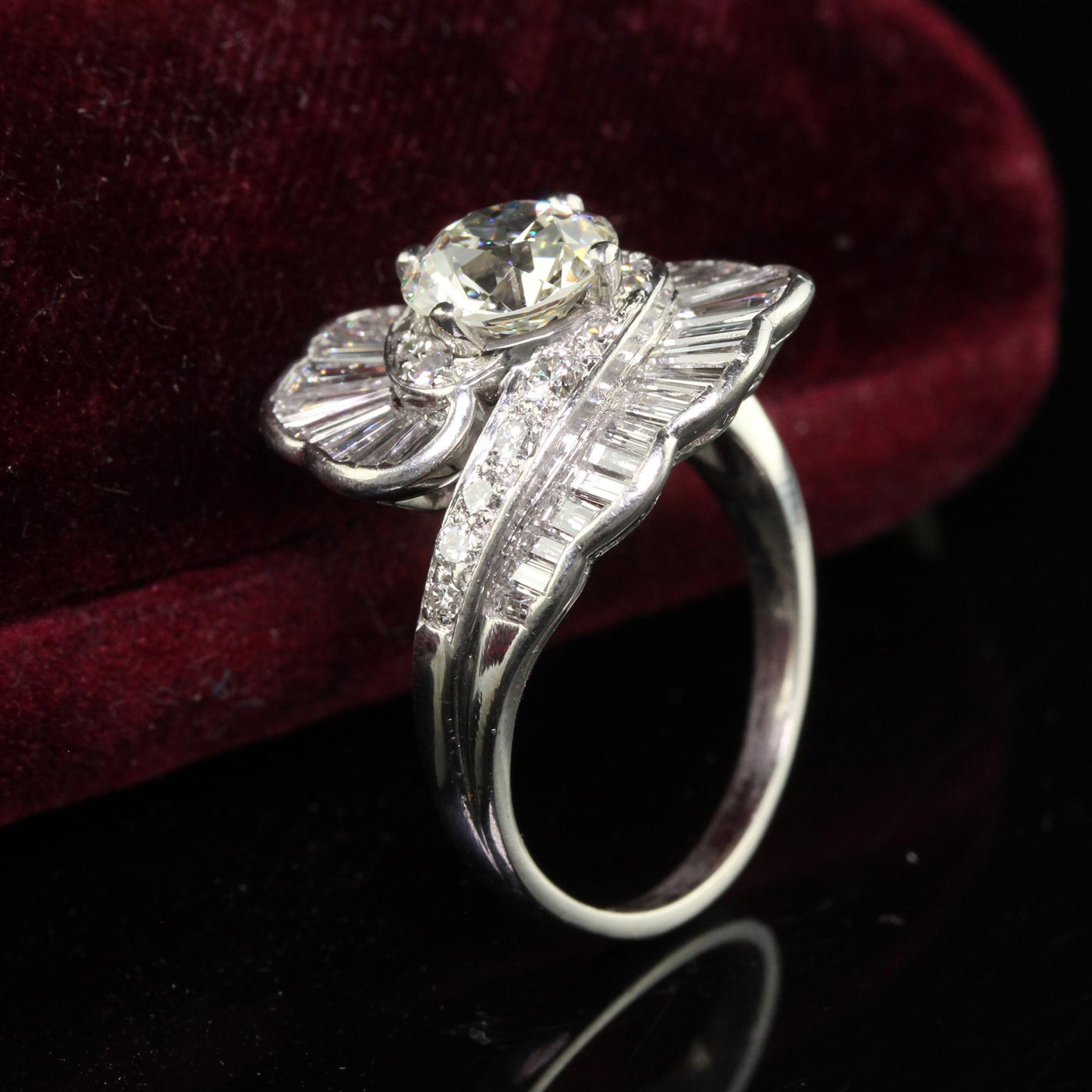 Antique Retro Platinum Old European and Baguette Diamond Cocktail Ring - GIA