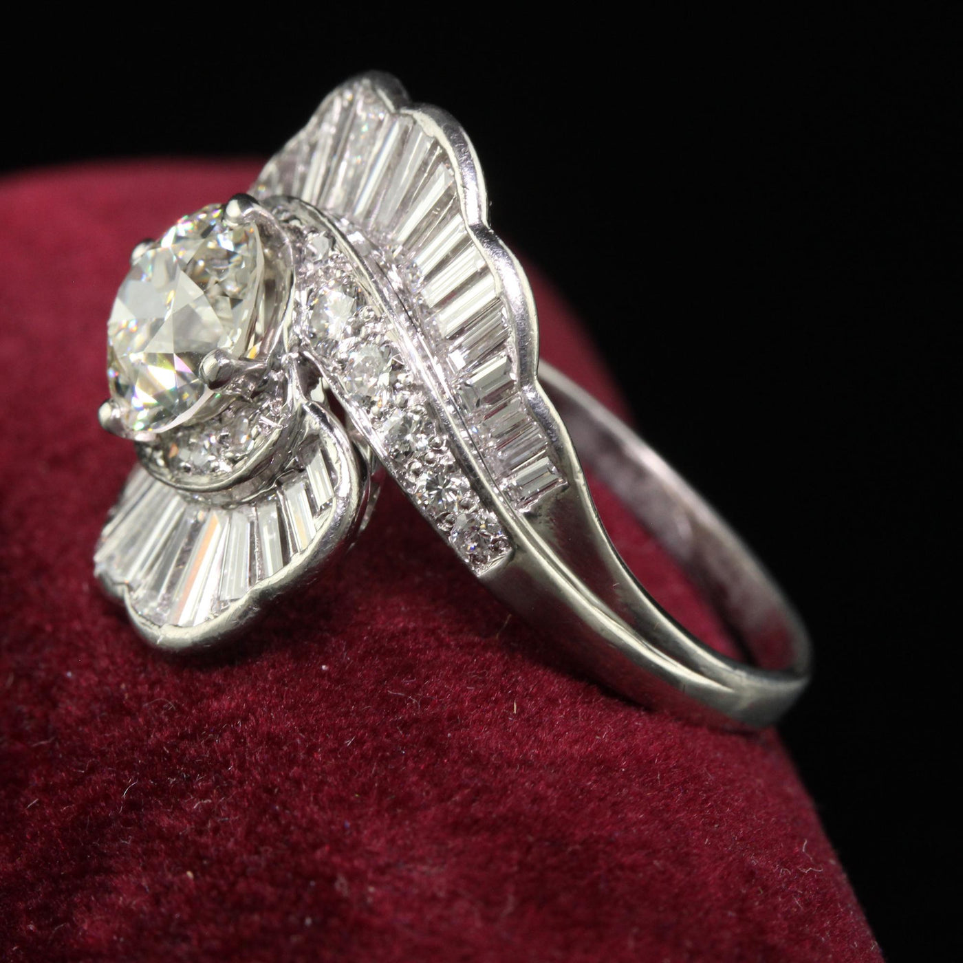 Antique Retro Platinum Old European and Baguette Diamond Cocktail Ring - GIA