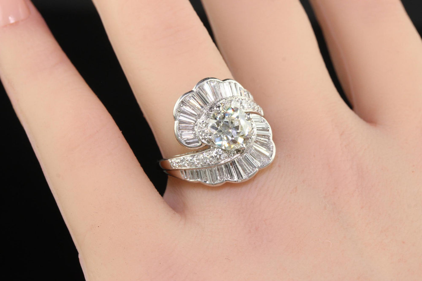 Antique Retro Platinum Old European and Baguette Diamond Cocktail Ring - GIA