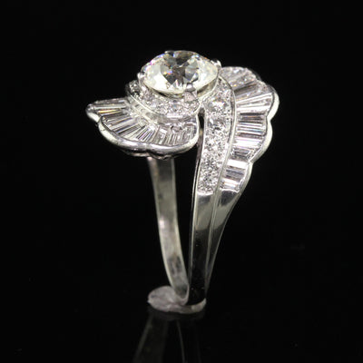 Antique Retro Platinum Old European and Baguette Diamond Cocktail Ring - GIA