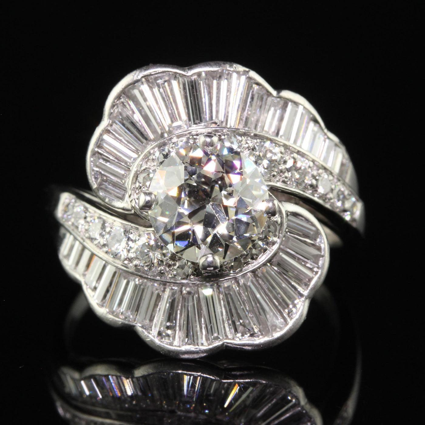 Antique Retro Platinum Old European and Baguette Diamond Cocktail Ring - GIA