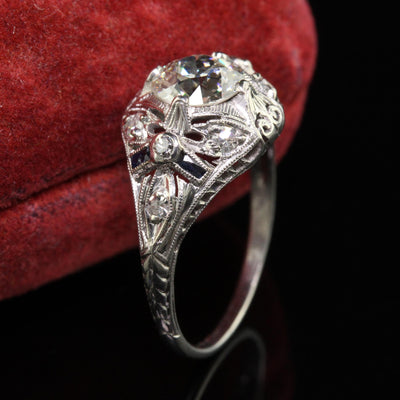 Antique Art Deco Old European Cut Diamond Filigree Floral Engagement Ring - GIA