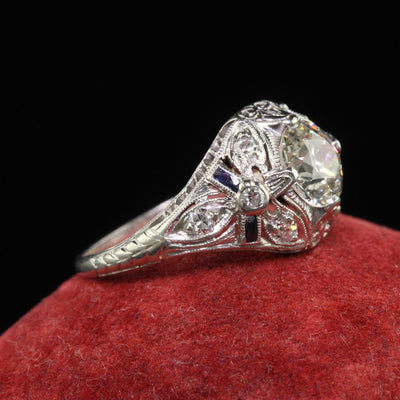 Antique Art Deco Old European Cut Diamond Filigree Floral Engagement Ring - GIA