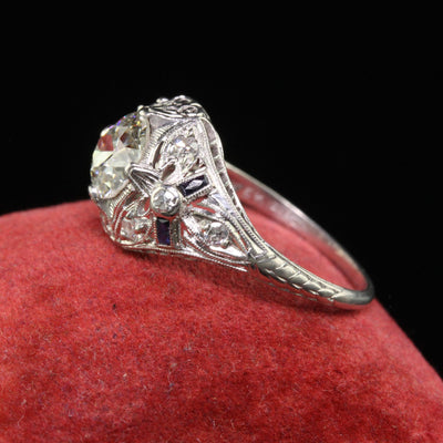 Antique Art Deco Old European Cut Diamond Filigree Floral Engagement Ring - GIA