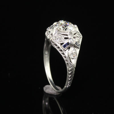 Antique Art Deco Old European Cut Diamond Filigree Floral Engagement Ring - GIA