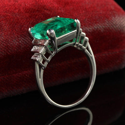 Antique Art Deco Colombian Natural Emerald and Baguette Diamond Ring - GIA