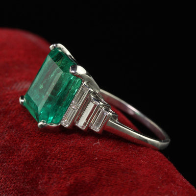 Antique Art Deco Colombian Natural Emerald and Baguette Diamond Ring - GIA