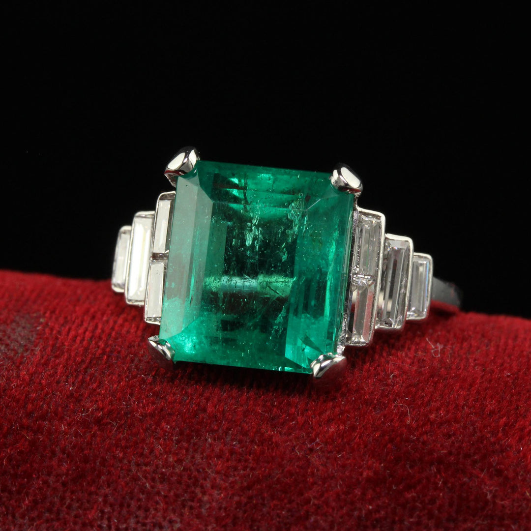 Antique Art Deco Colombian Natural Emerald and Baguette Diamond