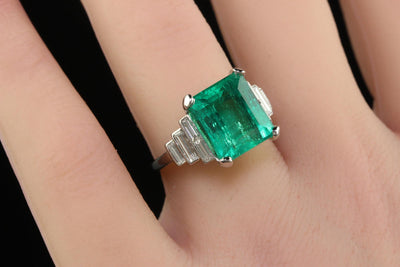 Antique Art Deco Colombian Natural Emerald and Baguette Diamond Ring - GIA