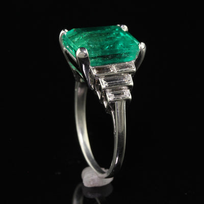 Antique Art Deco Colombian Natural Emerald and Baguette Diamond Ring - GIA