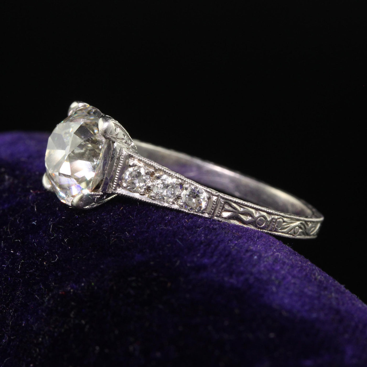 Antique Edwardian Platinum Old Mine Diamond Filigree Engagement Ring - GIA