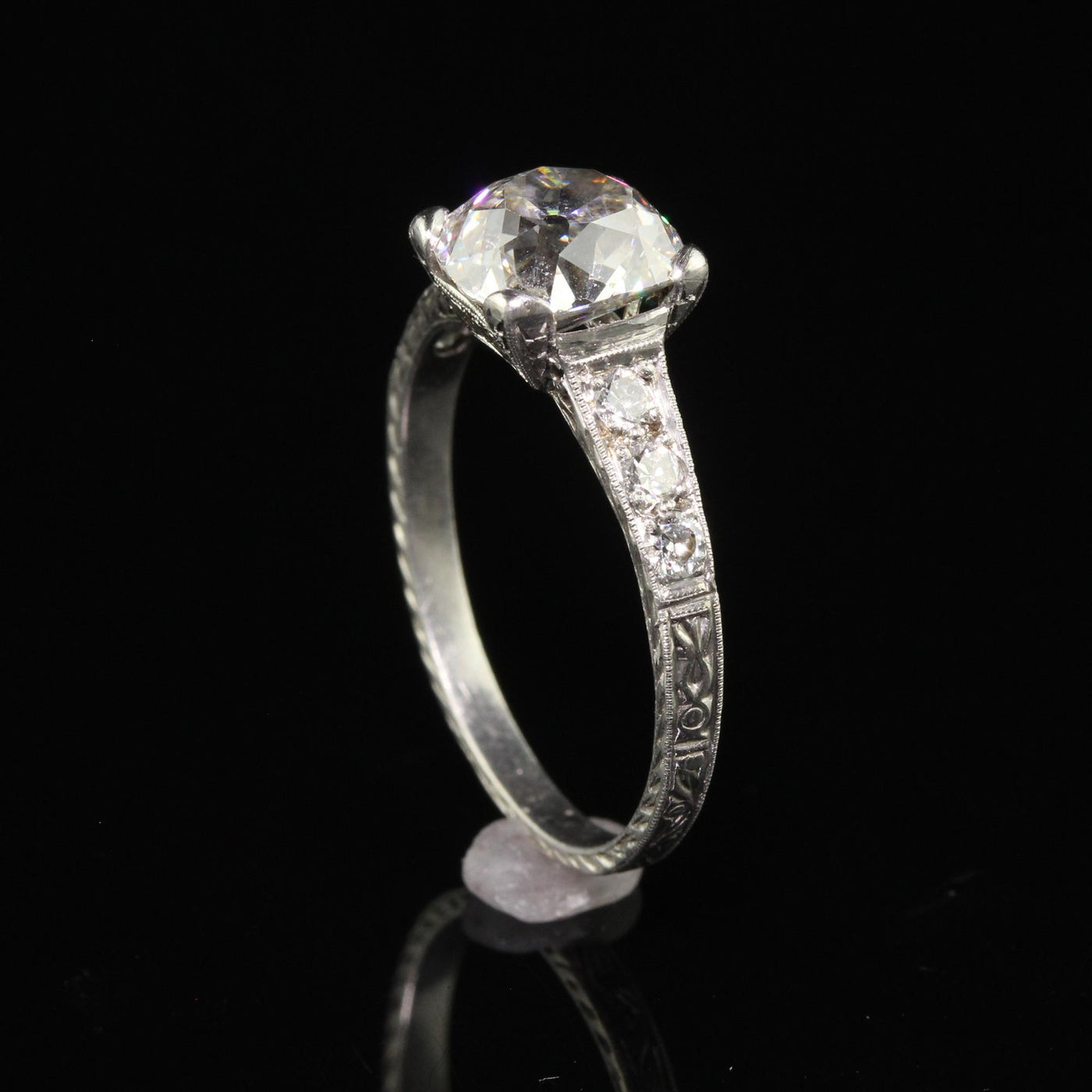 Antique Edwardian Platinum Old Mine Diamond Filigree Engagement Ring - GIA