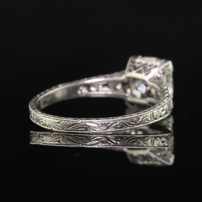 Antique Edwardian Platinum Old Mine Diamond Filigree Engagement Ring - GIA