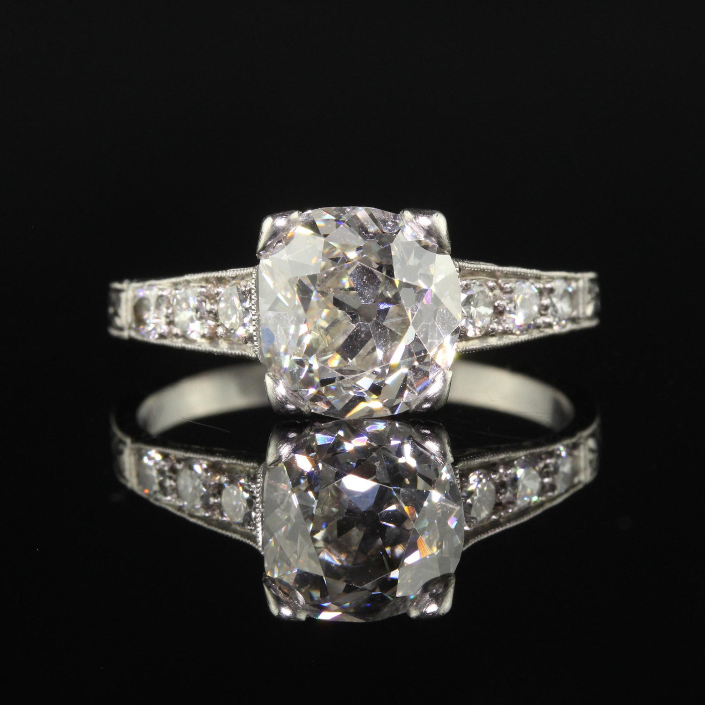 Antique Edwardian Platinum Old Mine Diamond Filigree Engagement Ring - GIA