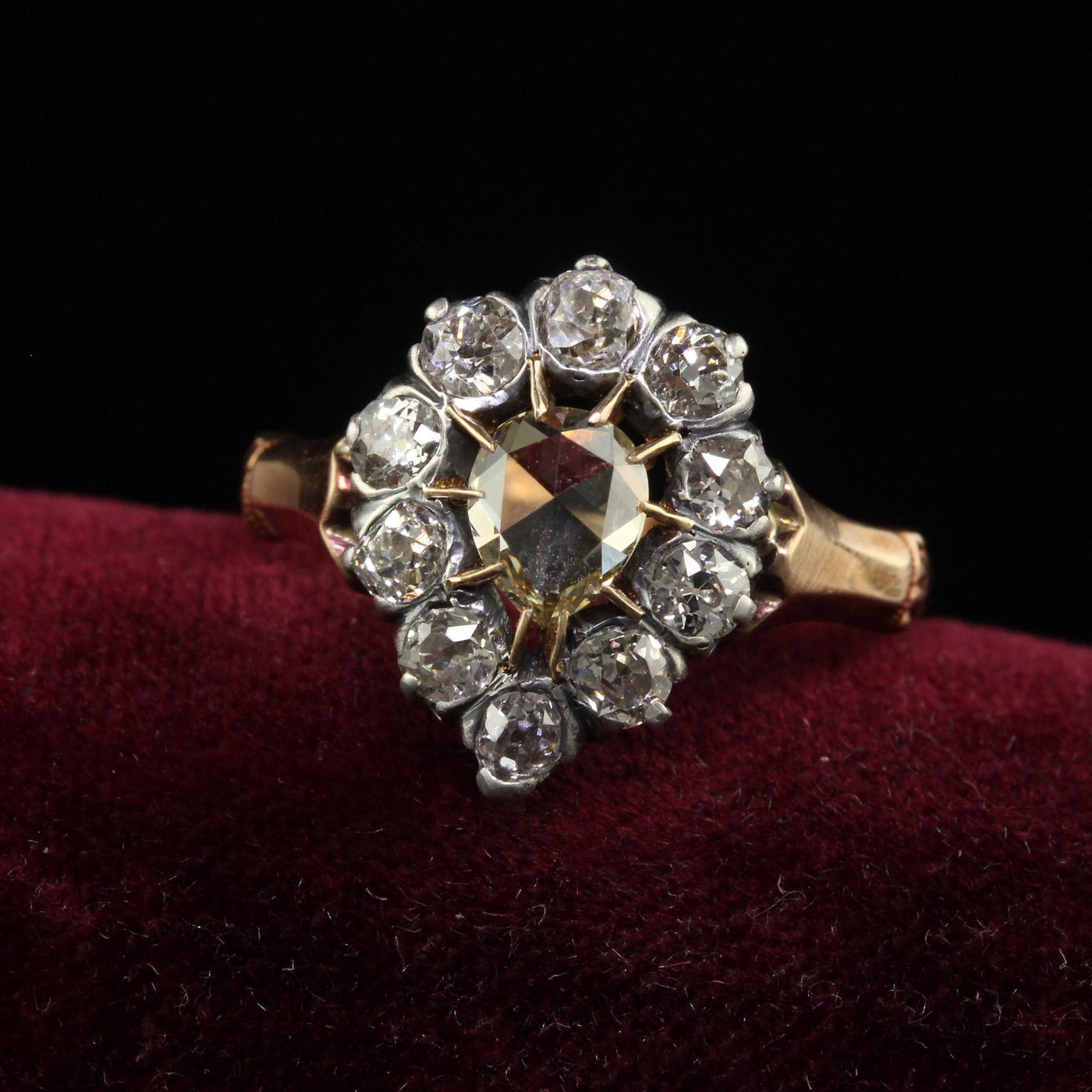 Antique Victorian 12K Rose Gold Silver Rose Cut Diamond Engagement Ring - GIA