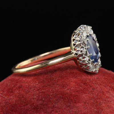 Antique Edwardian 14K Gold and Platinum Sapphire Diamond Engagement Ring - GIA