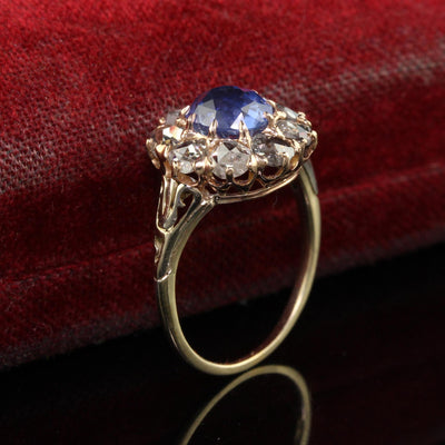 Antique Victorian 18K Yellow Gold Ceylon Sapphire Diamond Engagement Ring - GIA