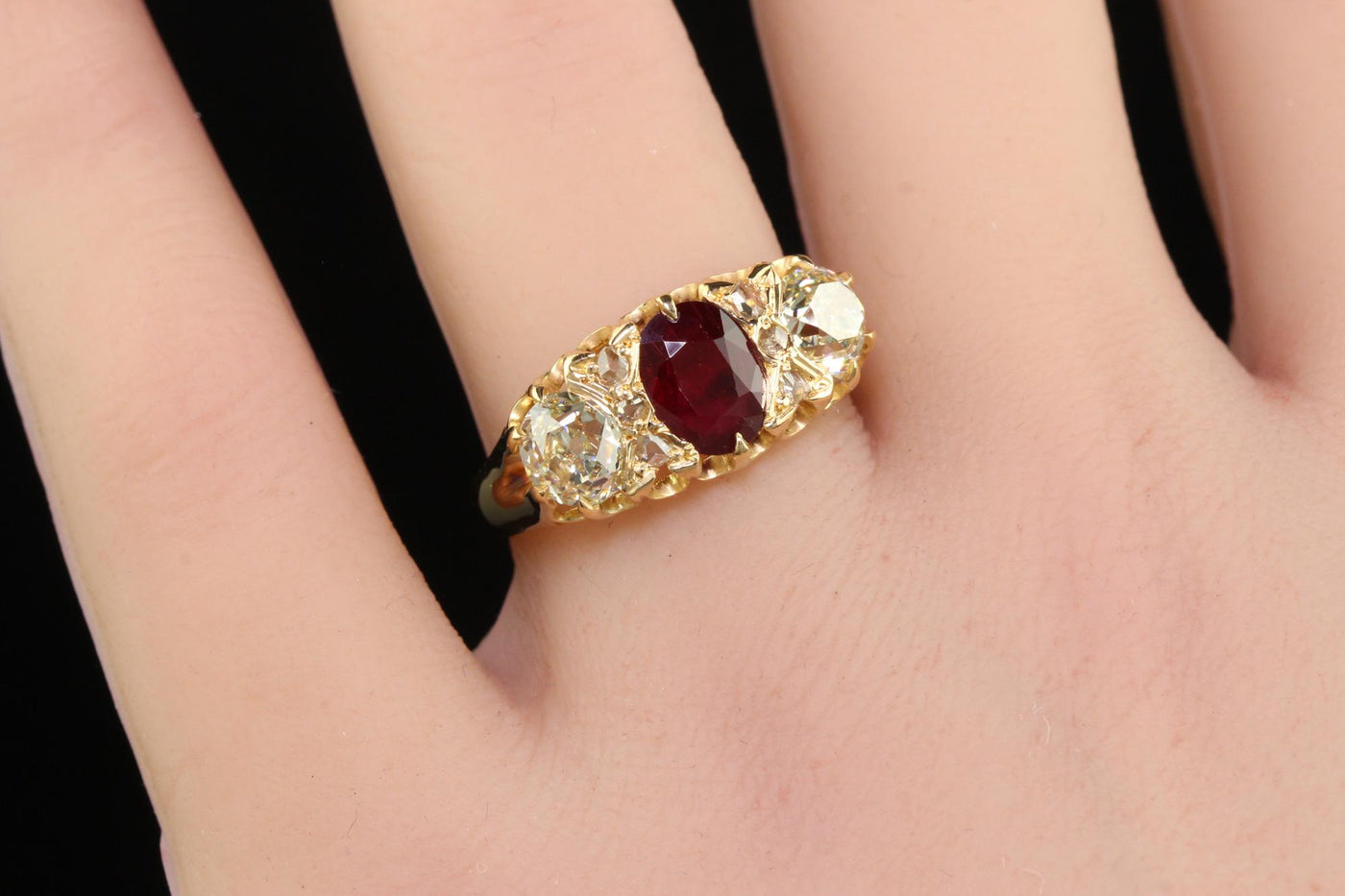 Antique Victorian English 18K Gold Burma Ruby Diamond Three Stone Ring - GIA