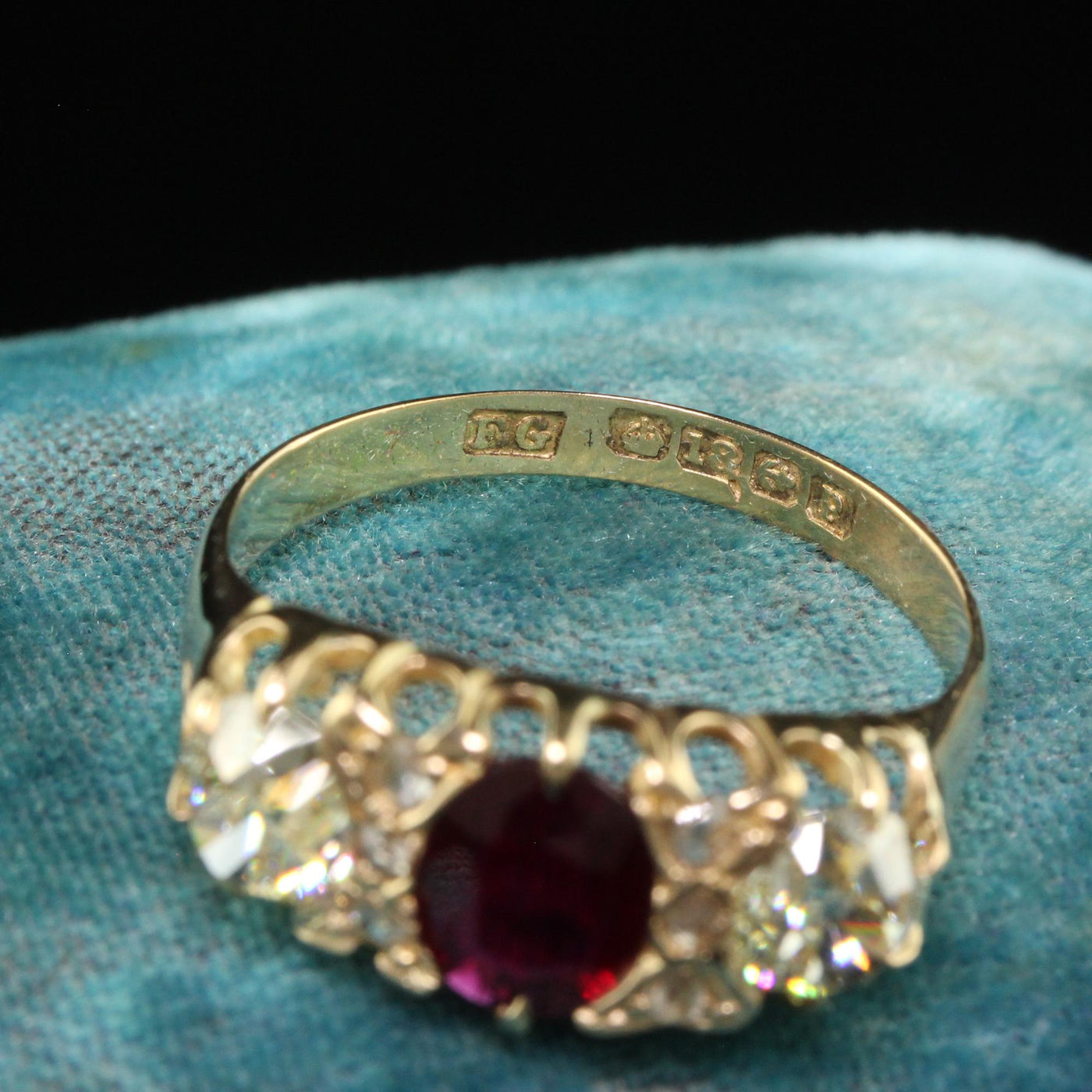 Antique Victorian English 18K Gold Burma Ruby Diamond Three Stone Ring - GIA