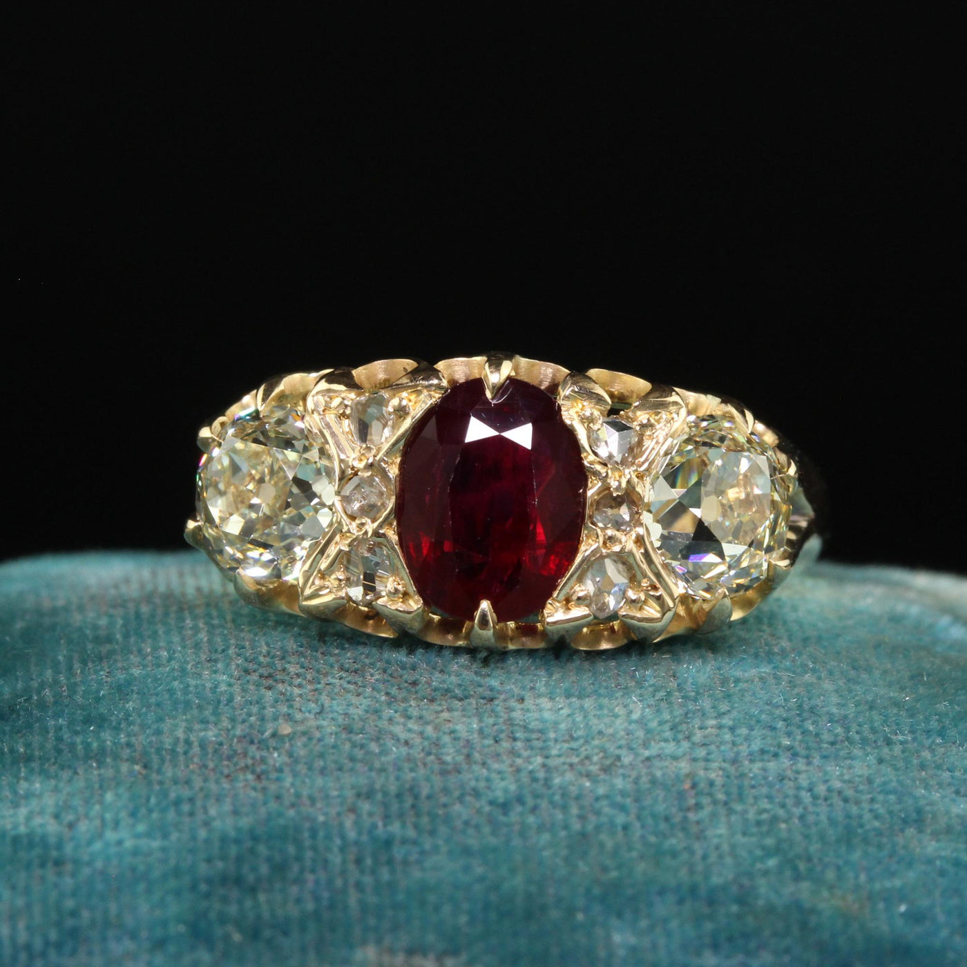 Antique Victorian English 18K Gold Burma Ruby Diamond Three Stone Ring - GIA