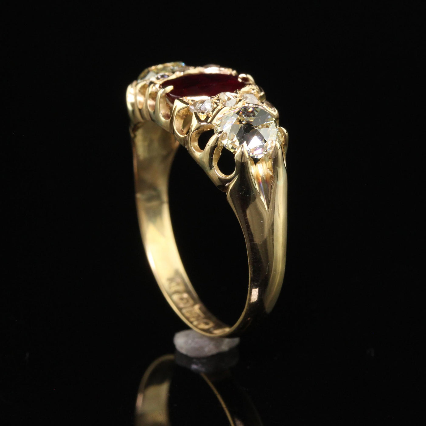 Antique Victorian English 18K Gold Burma Ruby Diamond Three Stone Ring - GIA