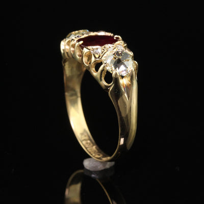 Antique Victorian English 18K Gold Burma Ruby Diamond Three Stone Ring - GIA