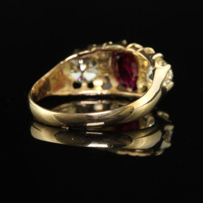 Antique Victorian English 18K Gold Burma Ruby Diamond Three Stone Ring - GIA