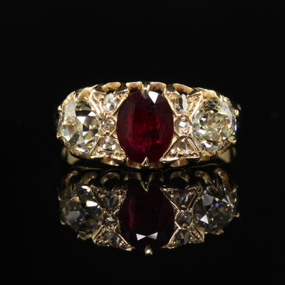 Antique Victorian English 18K Gold Burma Ruby Diamond Three Stone Ring - GIA