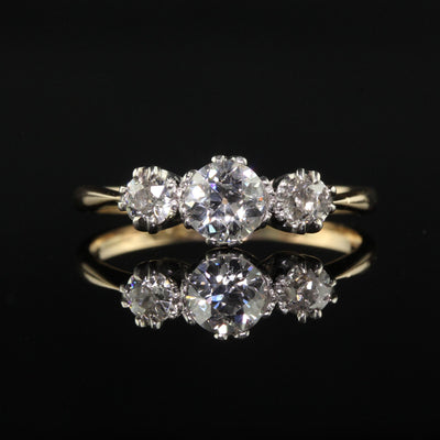 Antique Art Deco 18K Gold and Platinum Three Stone Old Euro Diamond Ring