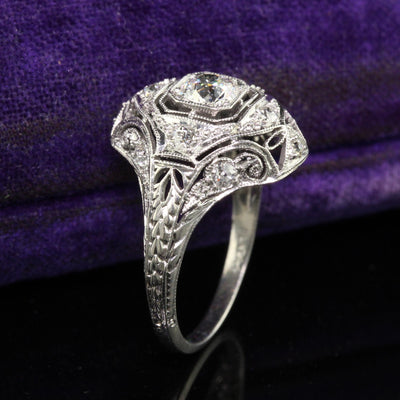 Antique Art Deco Platinum Old European Diamond Filigree Engagement Ring