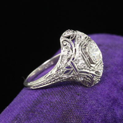 Antique Art Deco Platinum Old European Diamond Filigree Engagement Ring