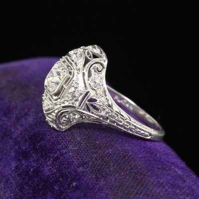 Antique Art Deco Platinum Old European Diamond Filigree Engagement Ring