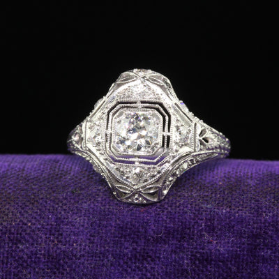 Antique Art Deco Platinum Old European Diamond Filigree Engagement Ring