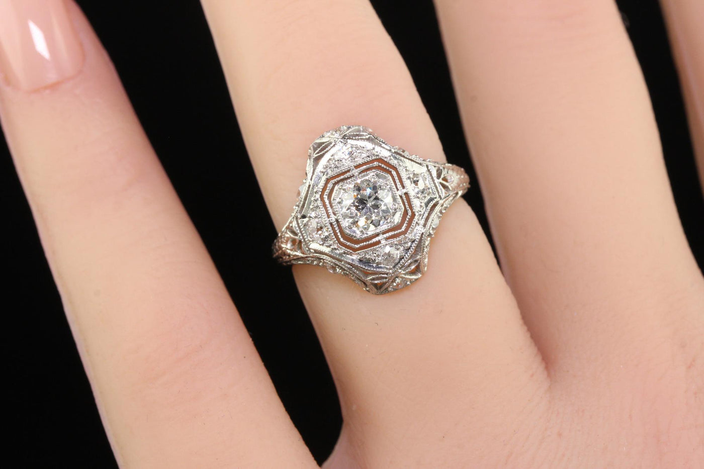 Antique Art Deco Platinum Old European Diamond Filigree Engagement Ring