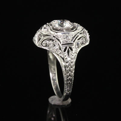 Antique Art Deco Platinum Old European Diamond Filigree Engagement Ring